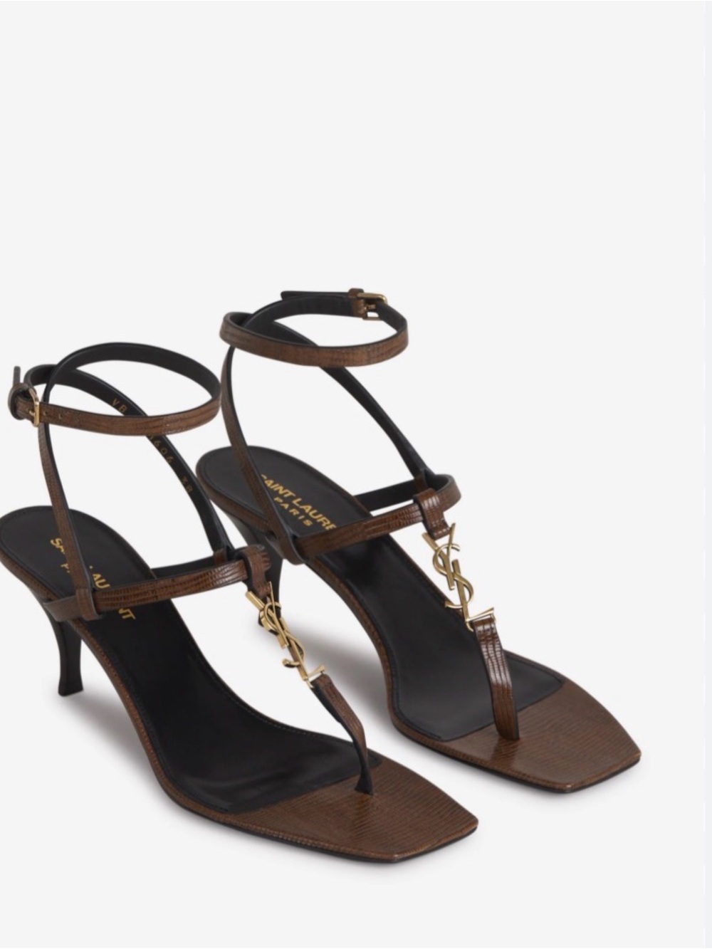 Saint Laurent Cassandra 60 mm Brown Leather T-Strap Logo Sandals
